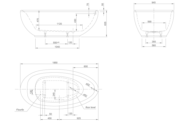 Схема Knief Lounge ванна отдельностоящая 185x95 см с панелью и сифоном